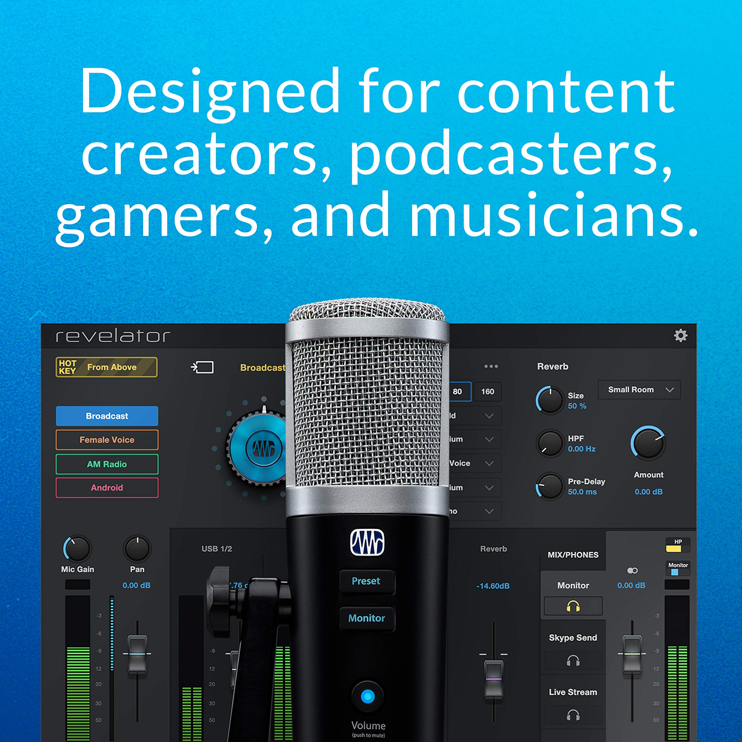 PreSonus Revelator USB Condenser Microphone for podcasting, live streaming, with built-in voice effects plus loopback mixer for